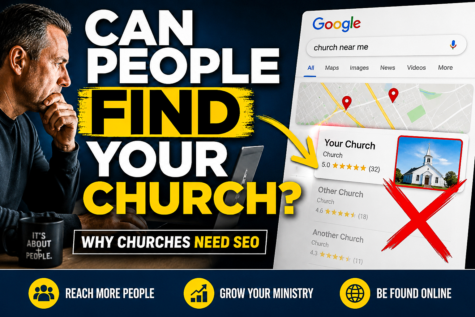 A church SEO graphic showing how Google search helps people find churches online and why digital outreach matters for ministry growth.