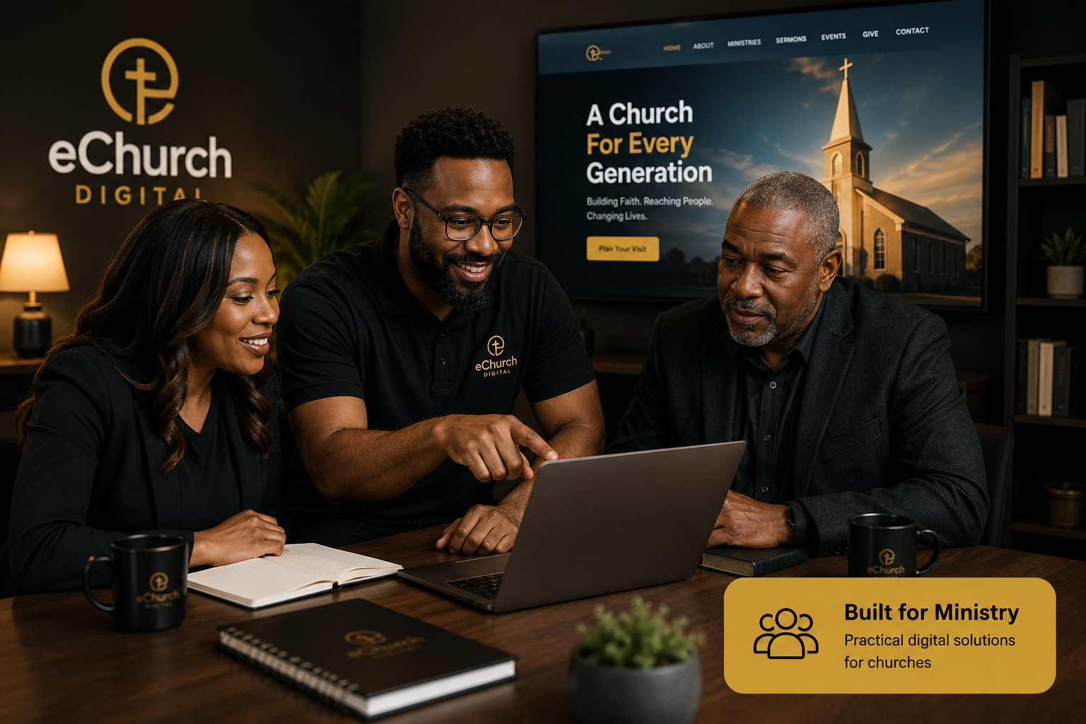 Church leaders reviewing a church website and digital outreach strategy with eChurch Digital
